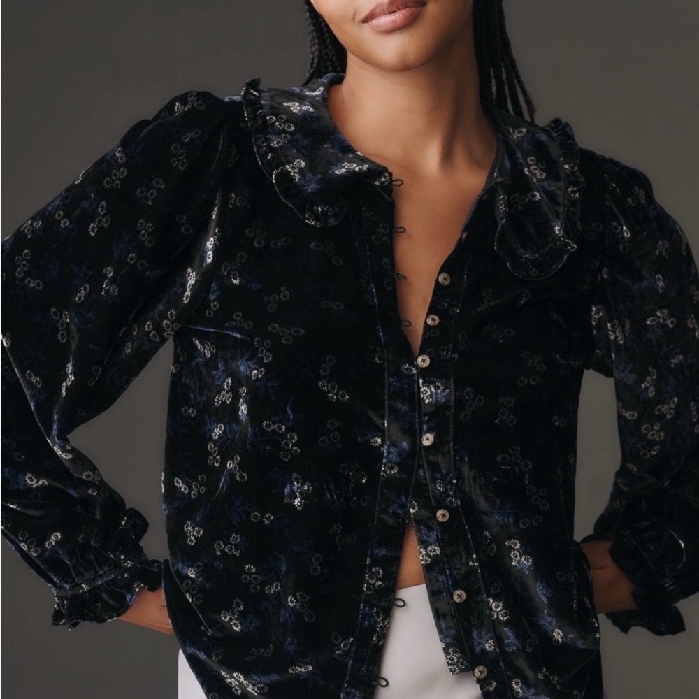 Anthropologie Midnight Floral Velvet Button Down Shirt